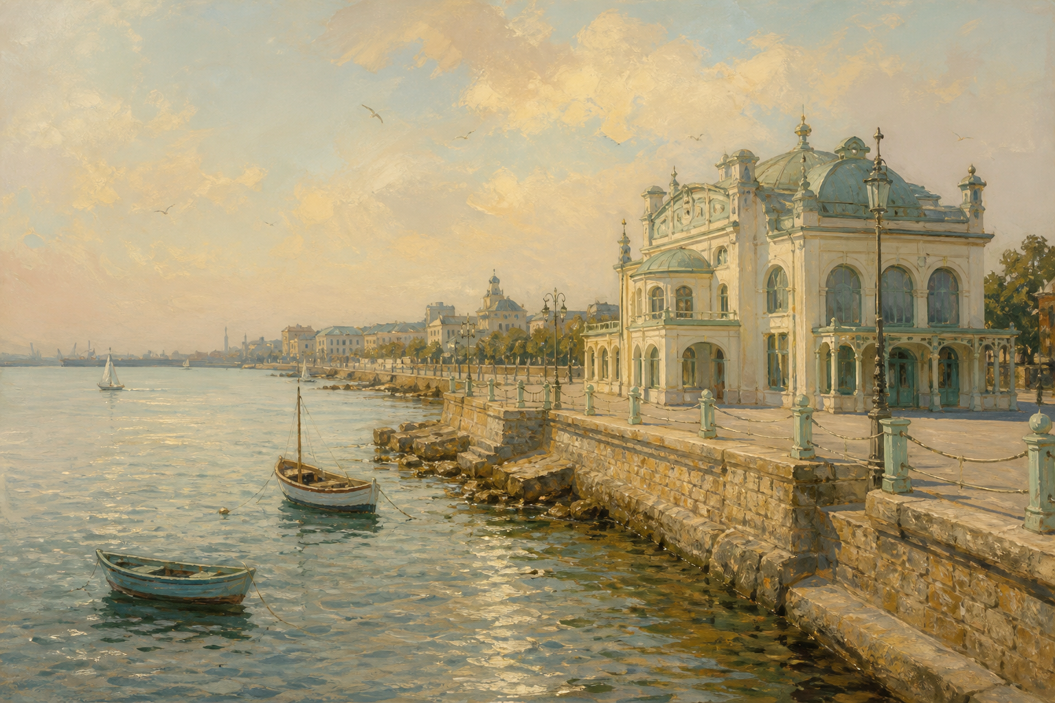 Imagined waterfront at Constanța, a pale pavilion by the Black Sea
