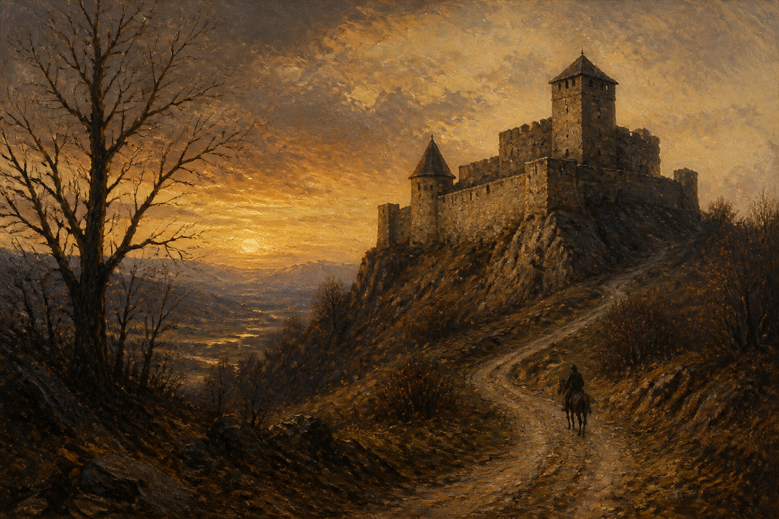 Imagined fortress on a ridge at dusk, a rider small on the road