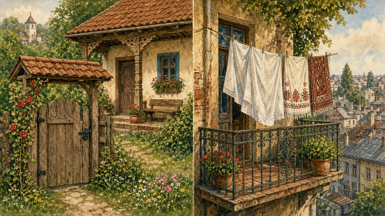 Imagined split scene: a village yard with roses and a carved porch on the left, a city balcony with embroidered laundry on the right