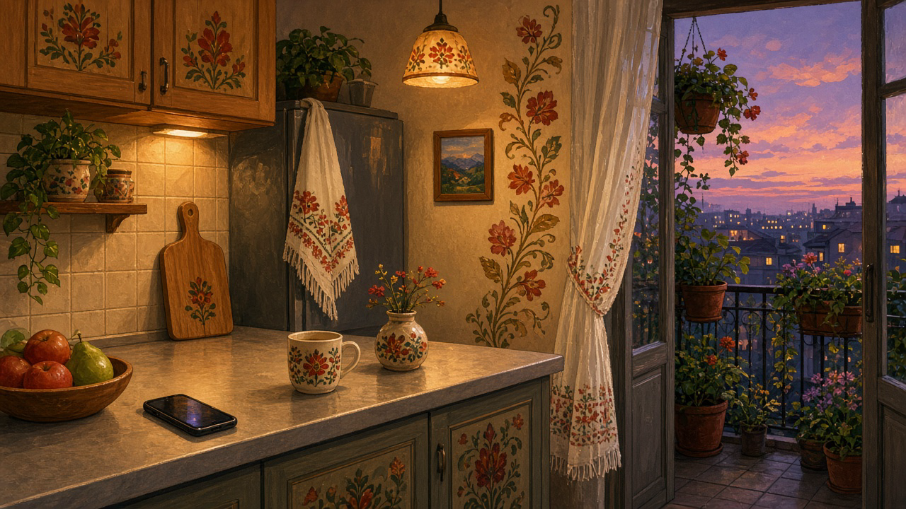 Imagined modern apartment kitchen at dusk: folk-painted cabinets, embroidered towel on the fridge, phone on the counter, balcony plants and city sunset beyond