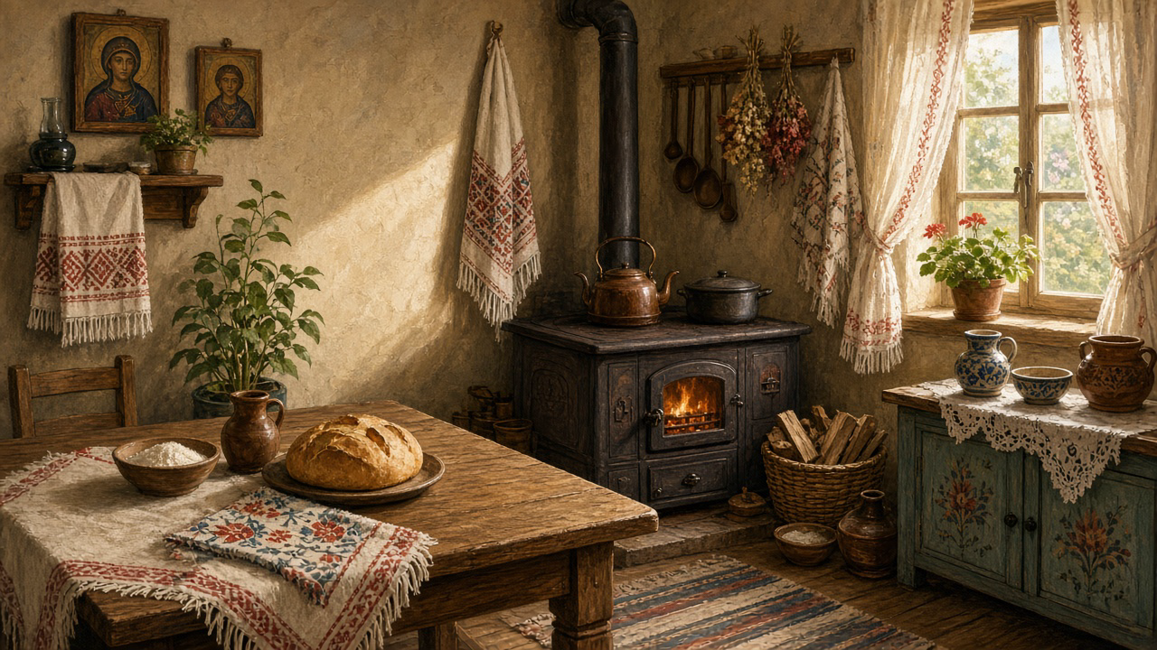 Imagined village kitchen with a wood stove, bread on embroidered cloth, and an icon corner