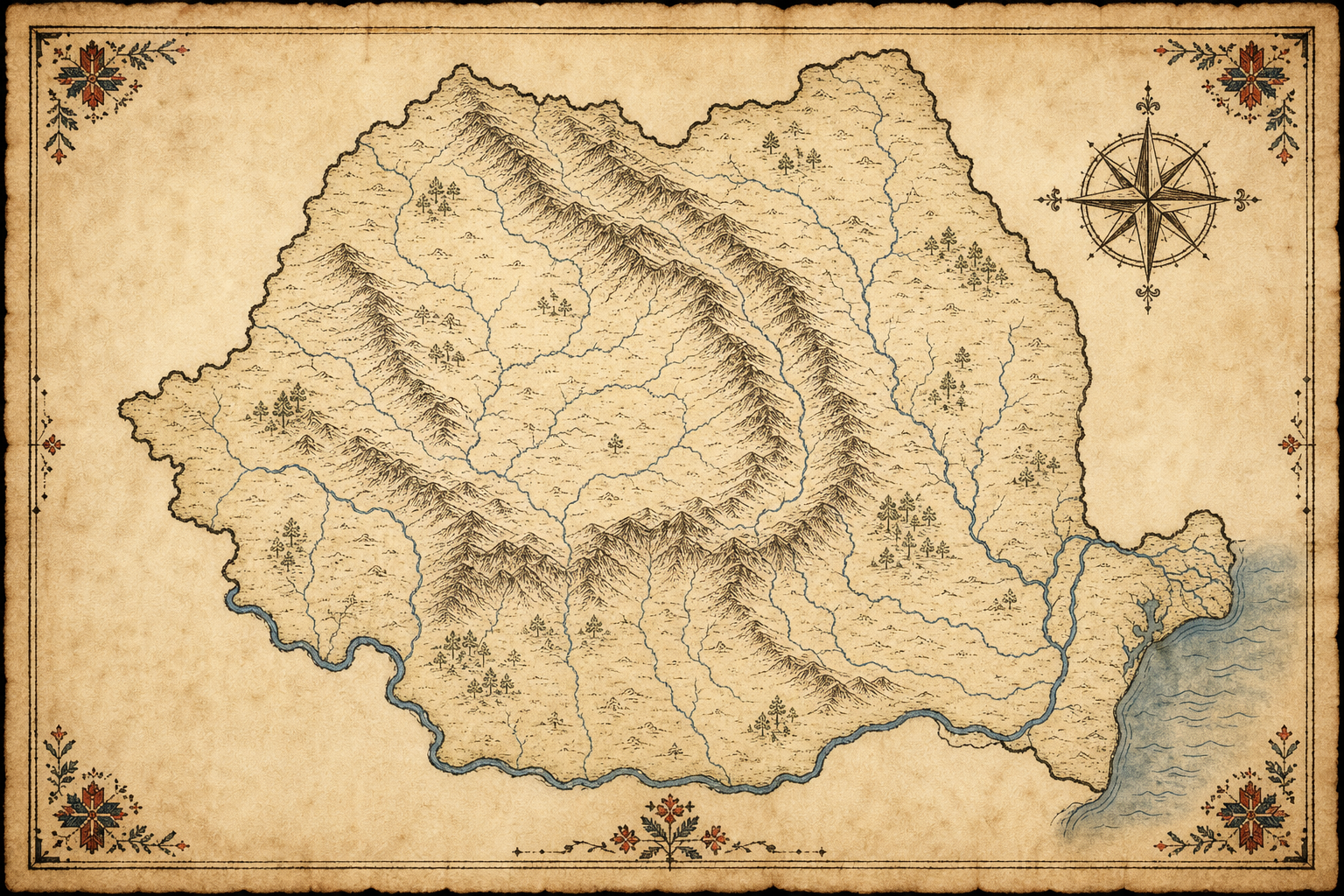 Imagined hand-drawn map of Romania with mountains, rivers, and a compass rose
