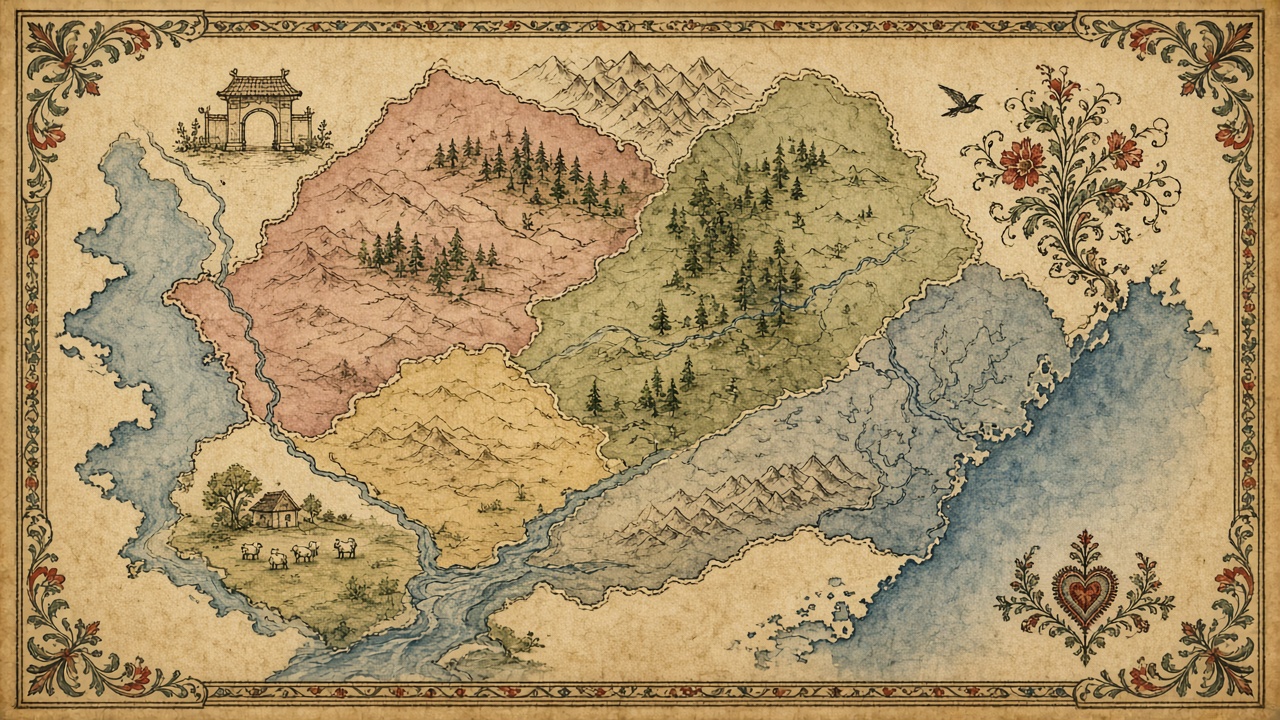 Imagined decorative atlas plate of the Romanian lands with colored regions
