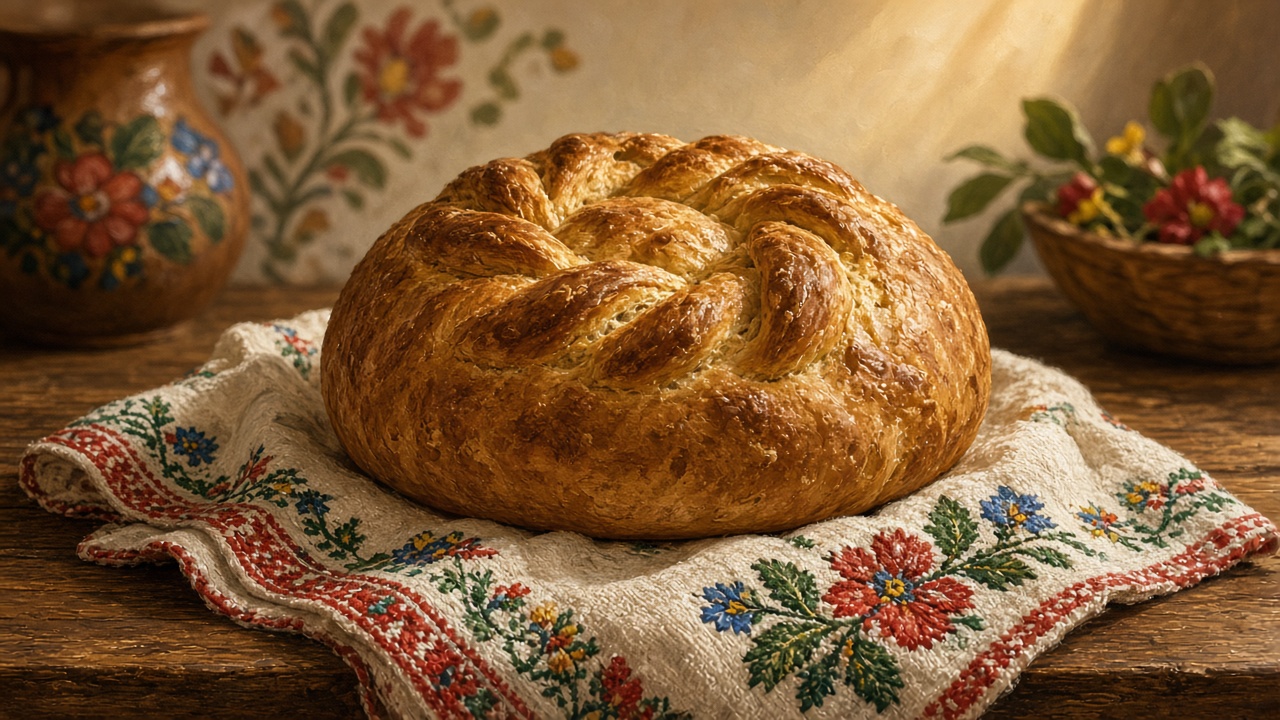 Imagined round braided loaf on an embroidered cloth