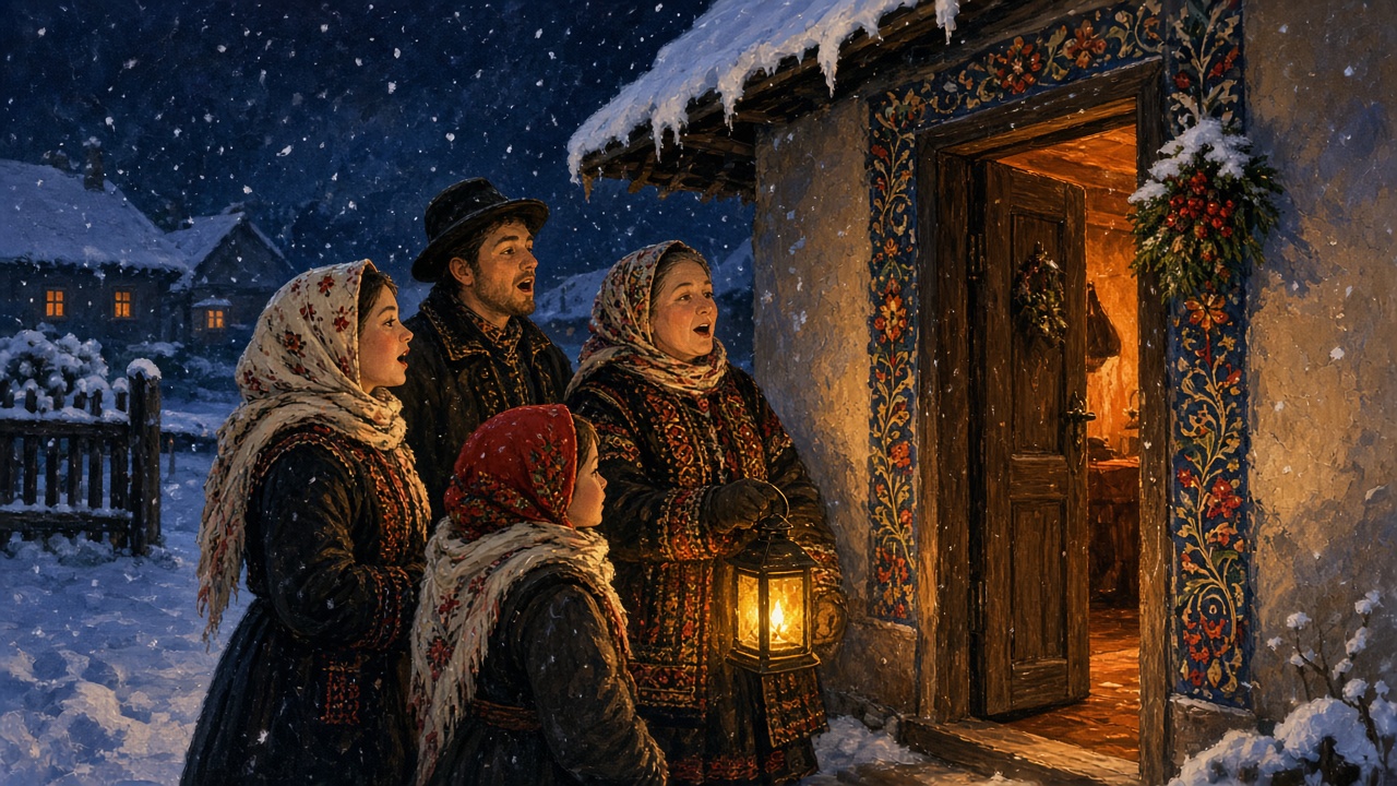 Imagined carolers at a snowy doorway with a lantern