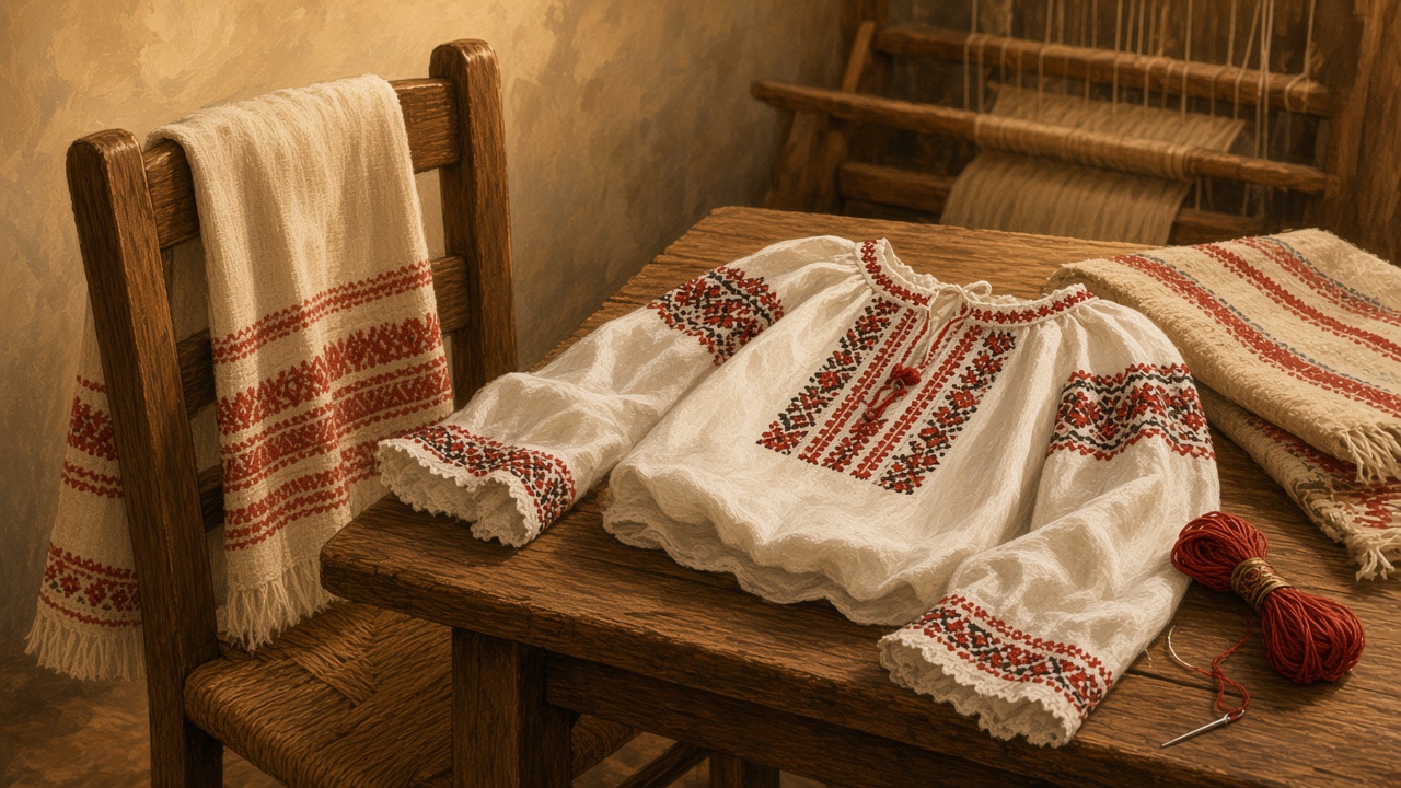 Imagined embroidered blouse, woven towel, and a loom in a quiet room