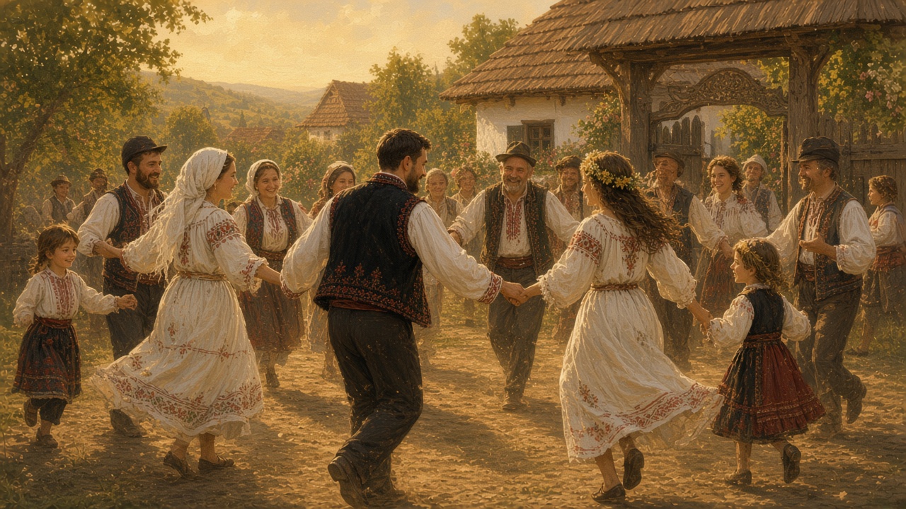 Imagined hora in a village yard, hands joined in a circle