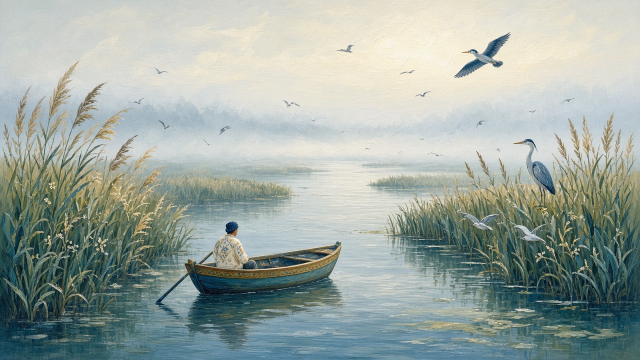 Imagined boat in the reeds, a heron on the bank