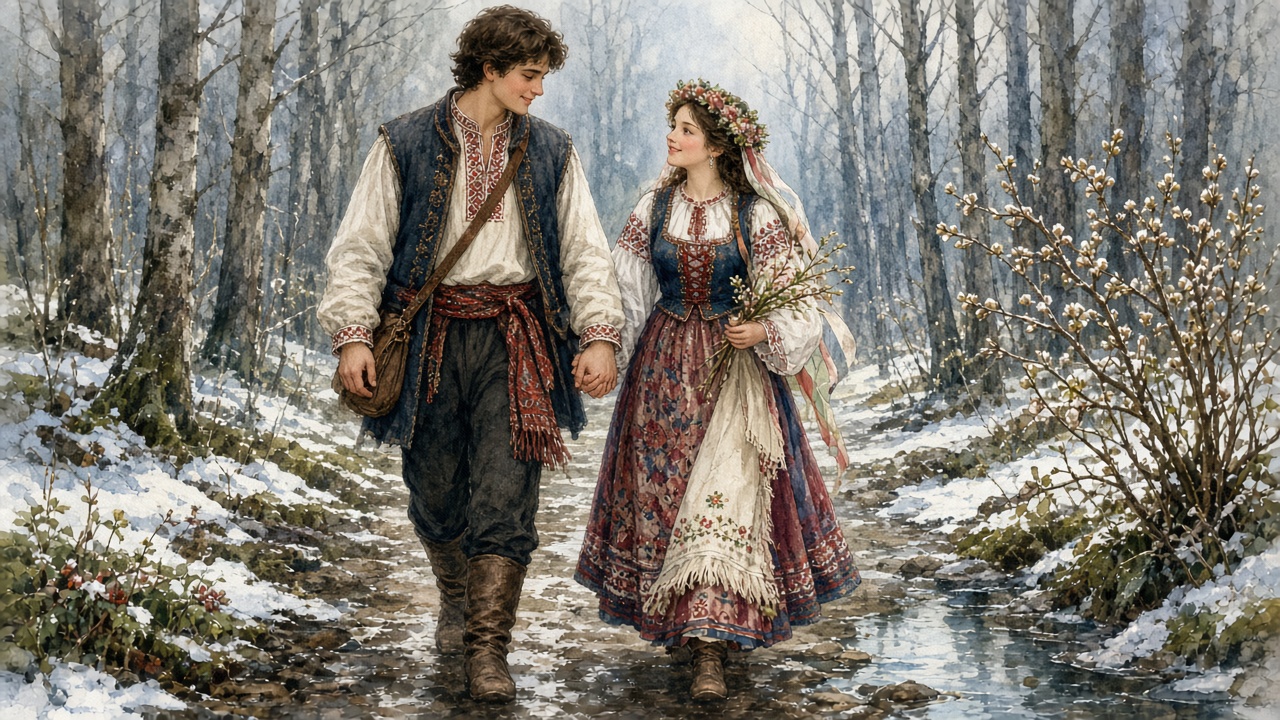 Imagined couple in embroidered dress walking a late-winter path