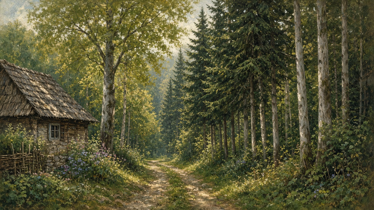 Imagined forest path past a thatched cabin into mixed woods