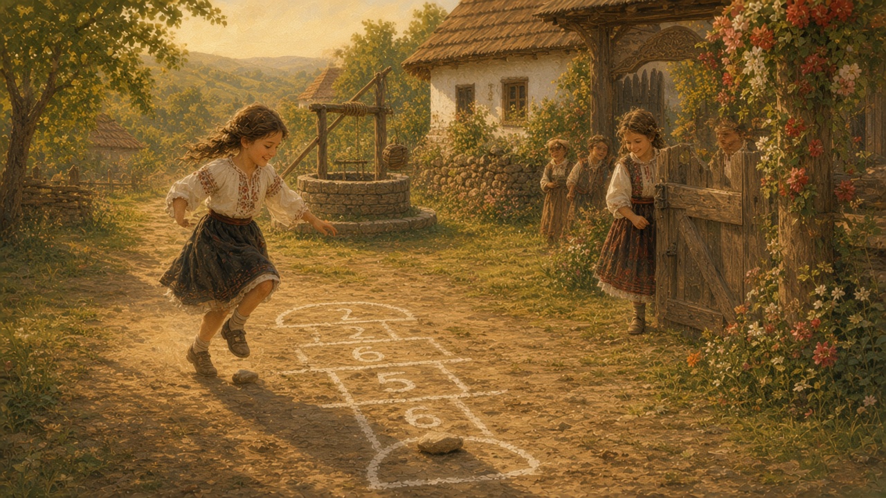 Imagined children playing șotron in a village yard, others waiting at the gate