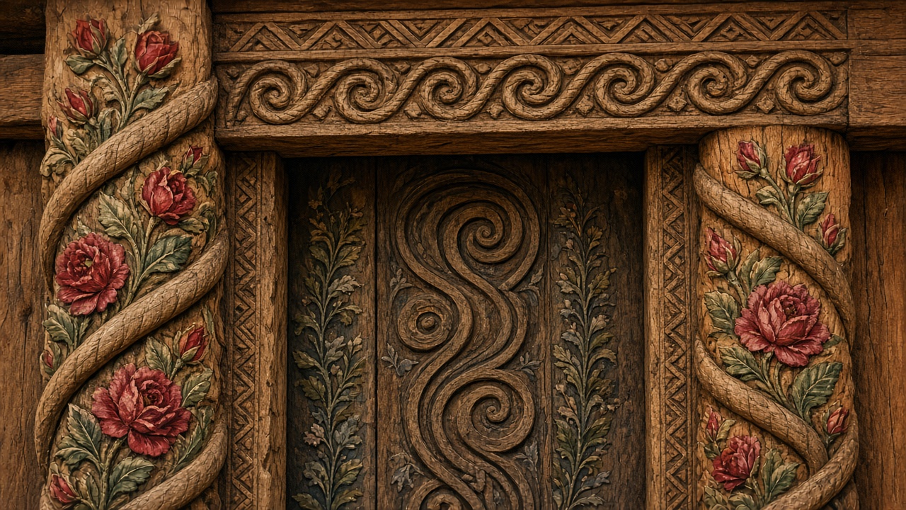 Imagined carved oak with rope, roses, and a spiral