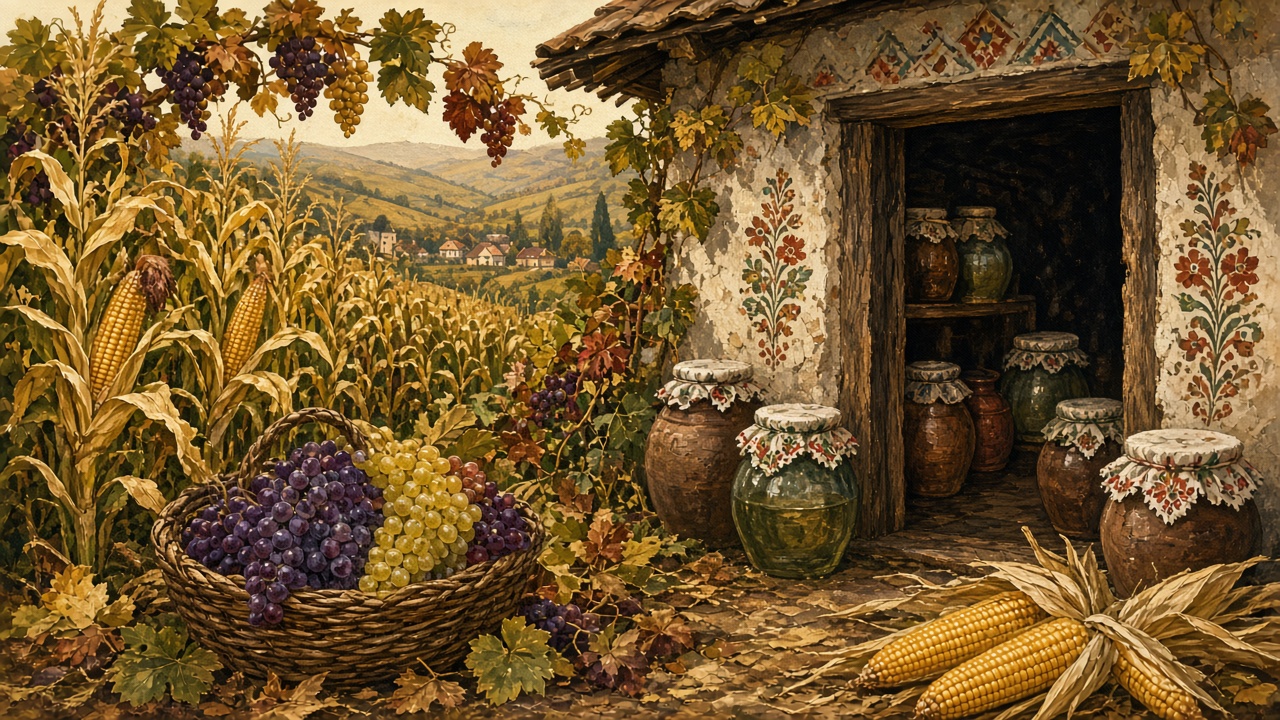 Imagined harvest still life: grapes, maize, and cellar jars by a painted doorway