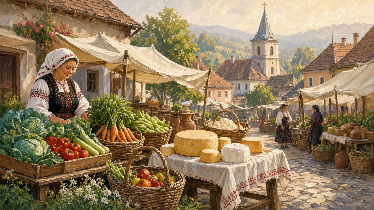 Imagined market stall with vegetables, cheese, and a vendor in embroidered dress
