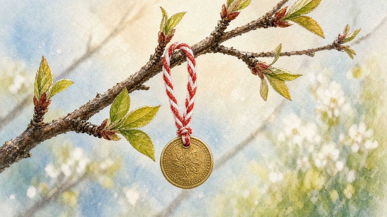 Imagined red-and-white thread and a coin hanging from a spring branch
