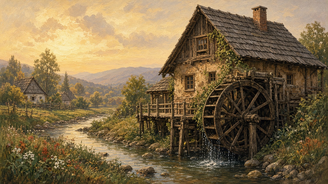 Imagined wooden watermill with a wheel on a creek at dusk