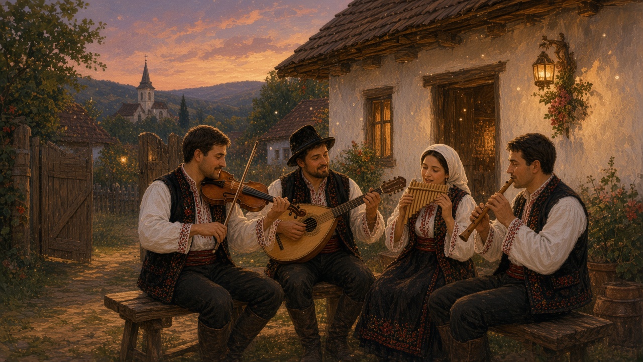 Imagined village taraf with violin, cobză, nai, and fluier at dusk