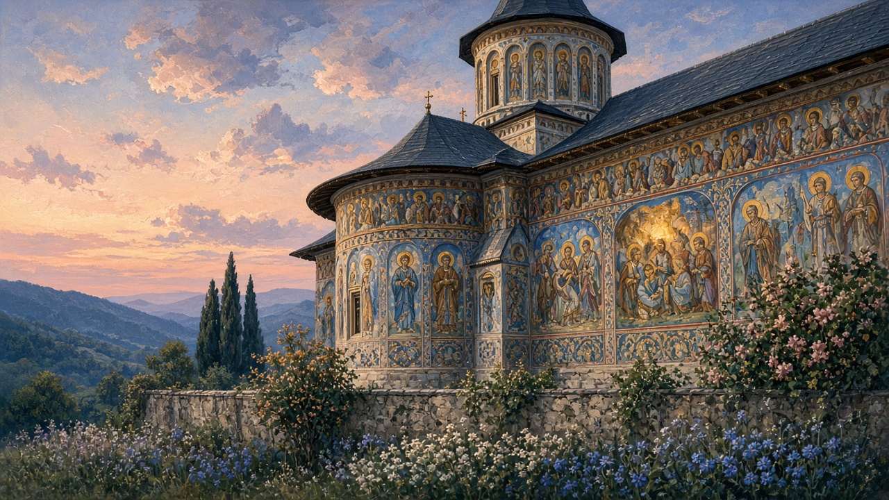 Imagined painted monastery walls in late light above a stone terrace