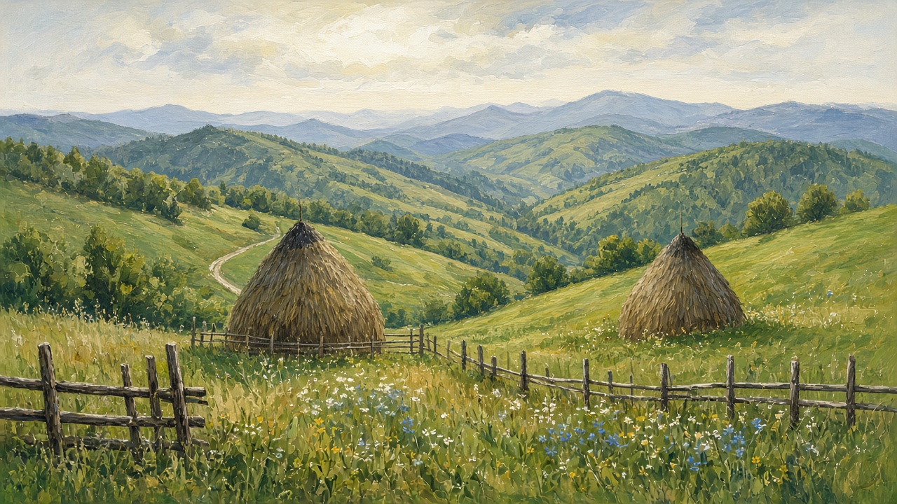 Imagined haystacks on rolling northern hills behind a wooden fence