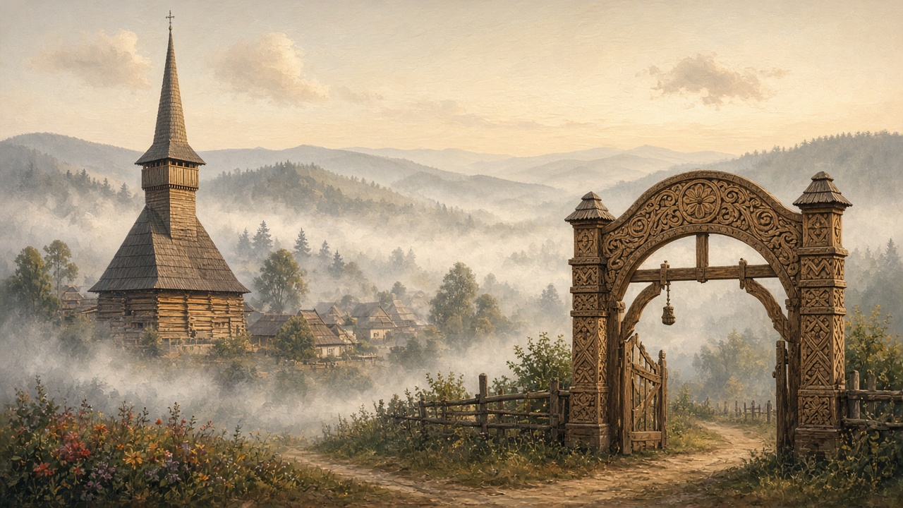 Imagined wooden church, carved gate, and a misty valley village