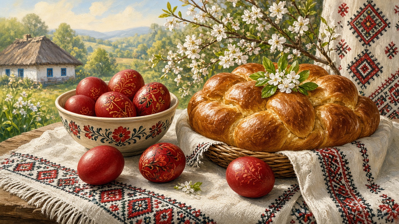 Imagined red eggs and a braided loaf with blossom
