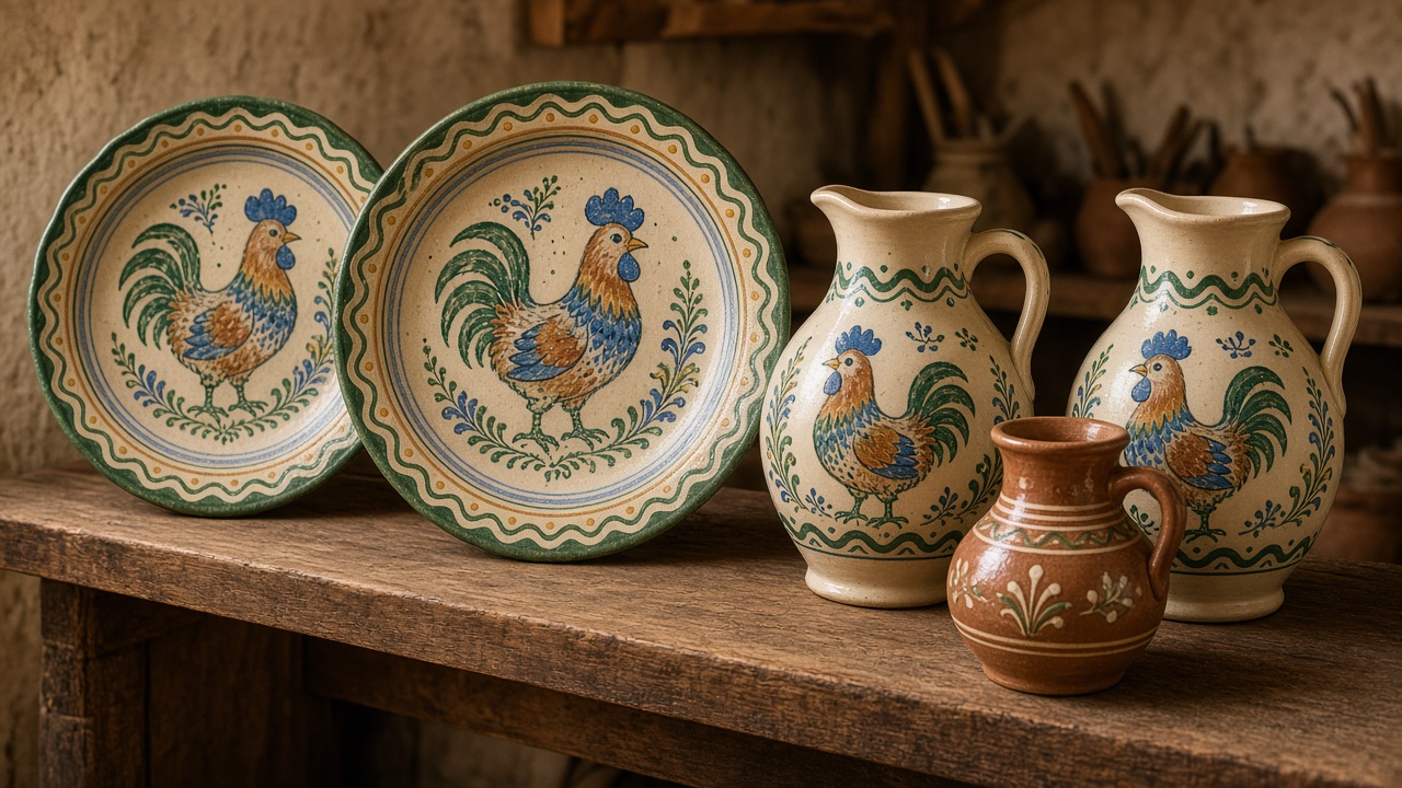 Imagined Horezu plates and jugs with painted roosters