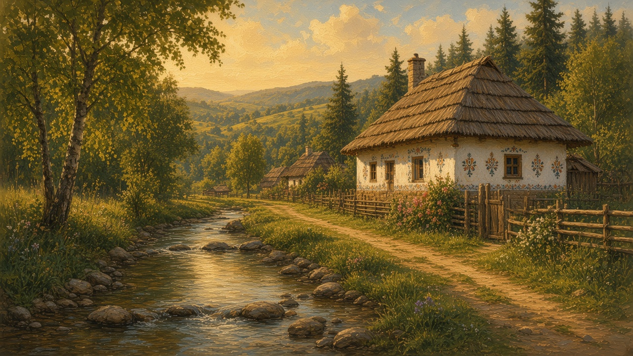 Imagined village creek flowing over stones past a thatched house