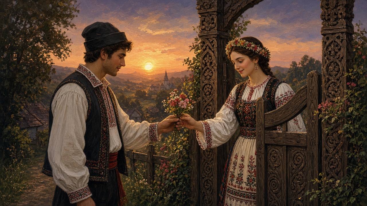 Imagined couple in embroidered dress exchanging flowers at a carved village gate