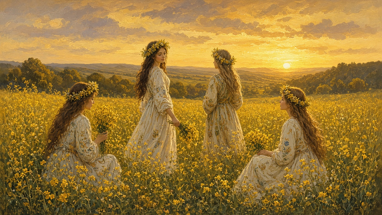 Imagined women with yellow flower crowns in a midsummer field