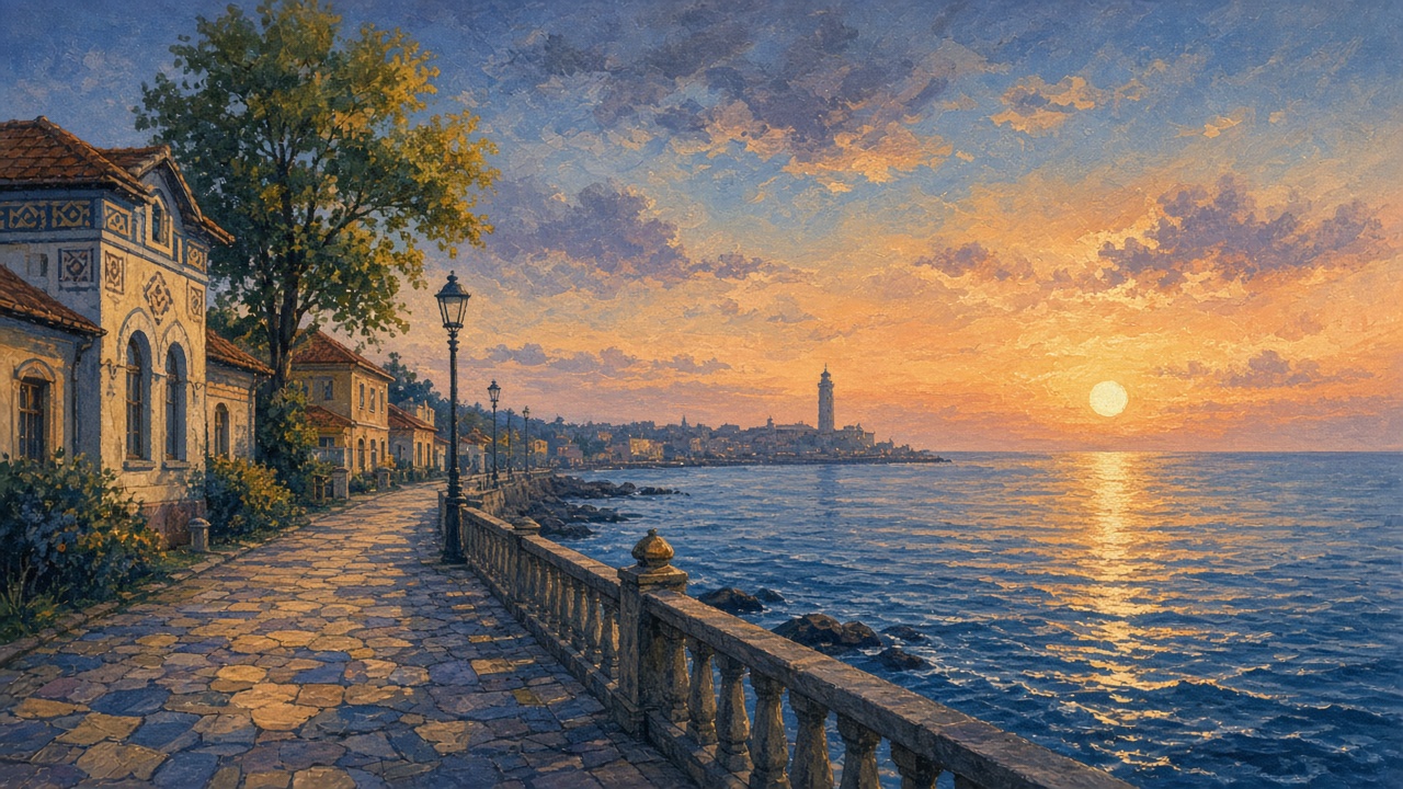 Imagined seaside promenade at sunrise, a lighthouse on the far shore