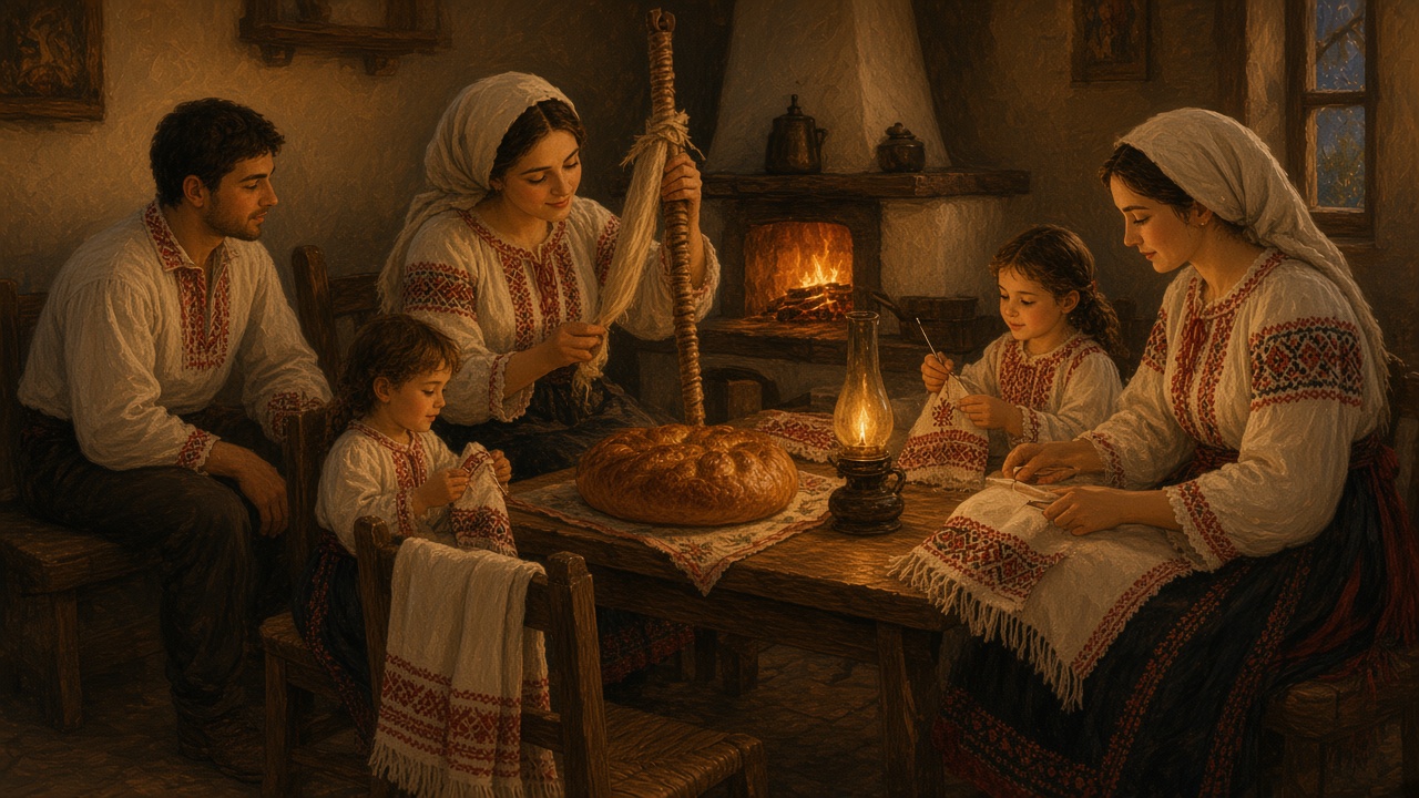 Imagined evening gathering: spinning, sewing, a lamp, and a man on the bench