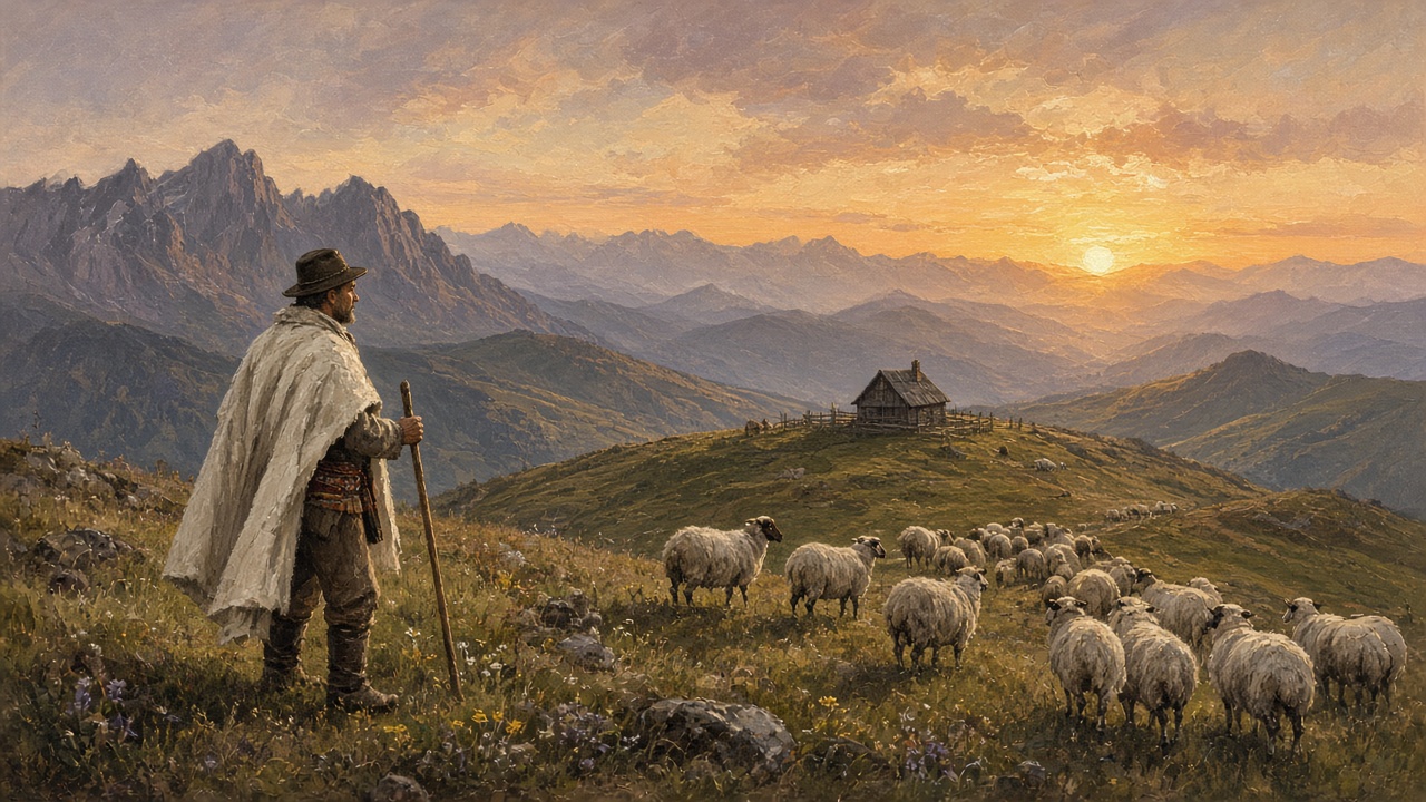 Imagined shepherd in a white cloak with a flock on a mountain pasture at sunrise