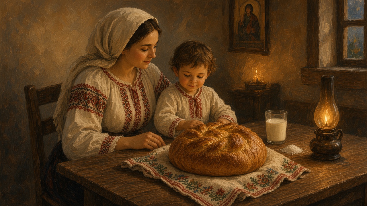Imagined woman and child at an evening table with bread, milk, and a lamp