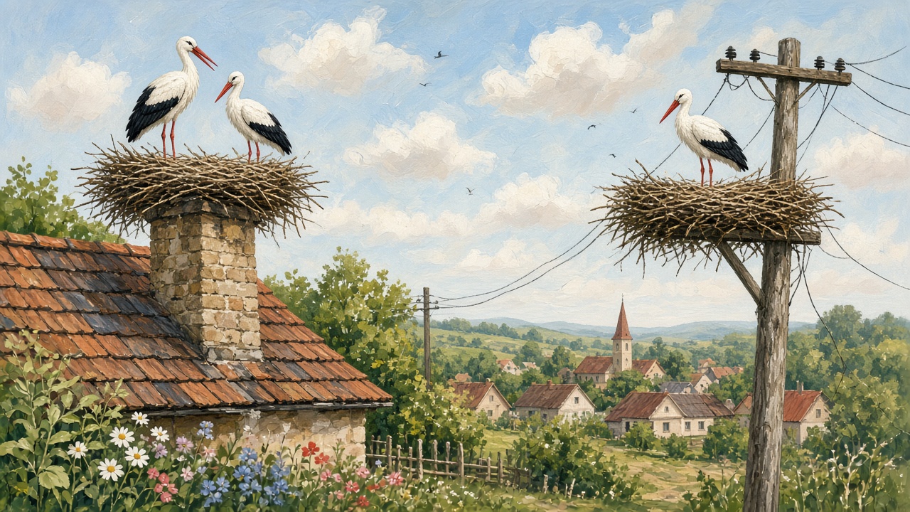 Imagined white storks on a chimney nest and a pole nest above a village