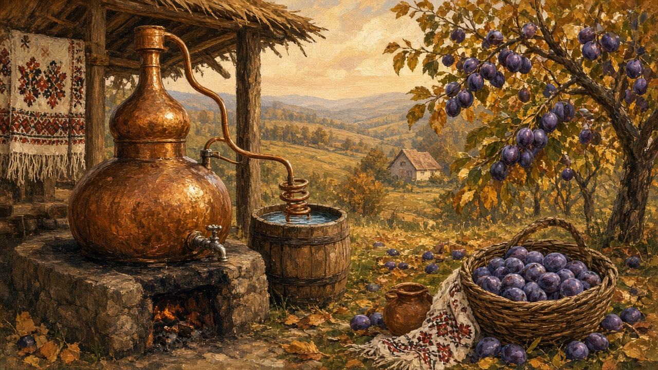 Imagined copper still under a shed, a basket of plums beside it