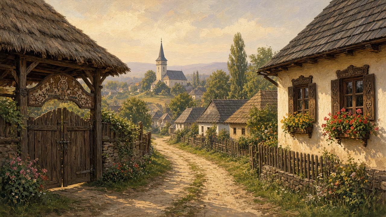 Imagined village road with a wooden gate, plaster house, and a church on the hill