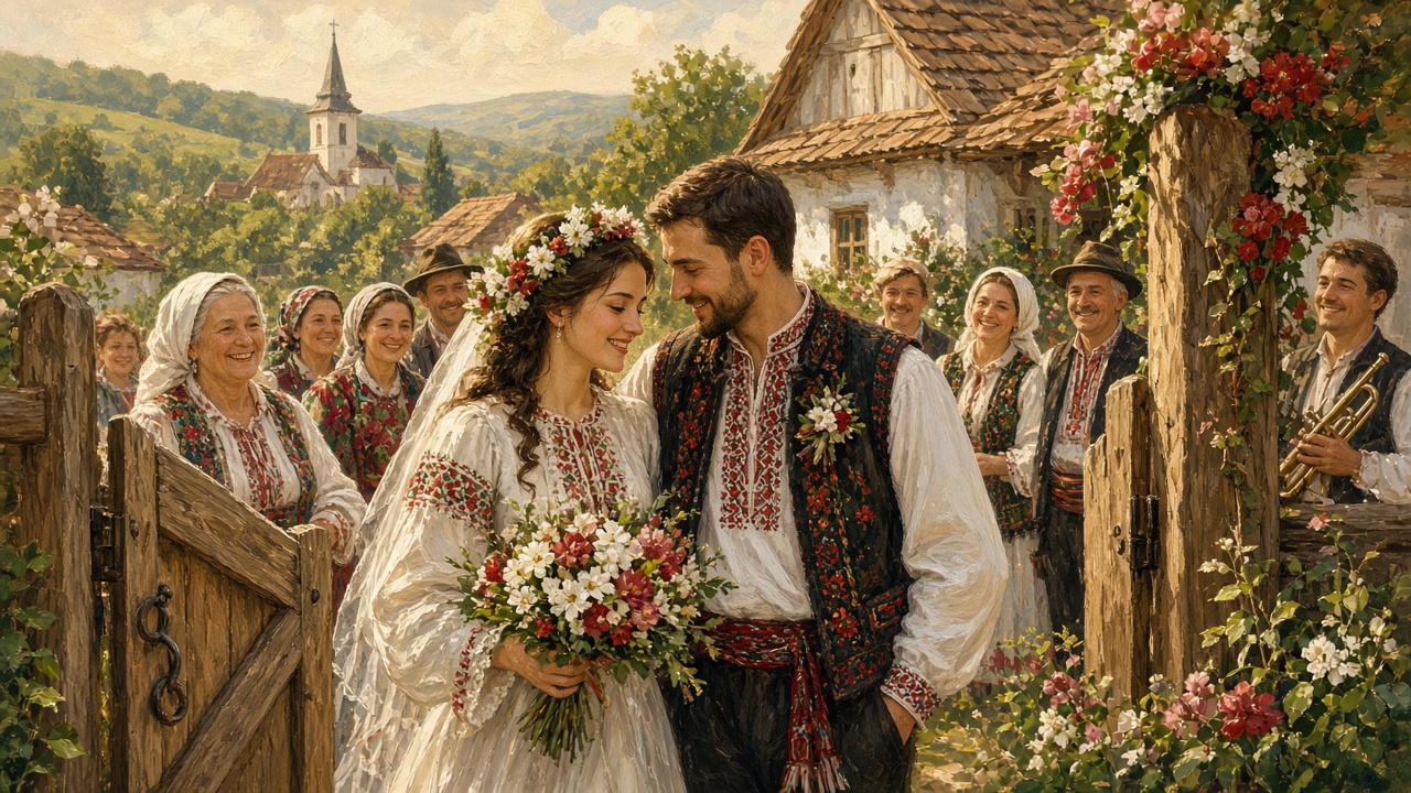 Imagined wedding couple in embroidered dress at a village gate