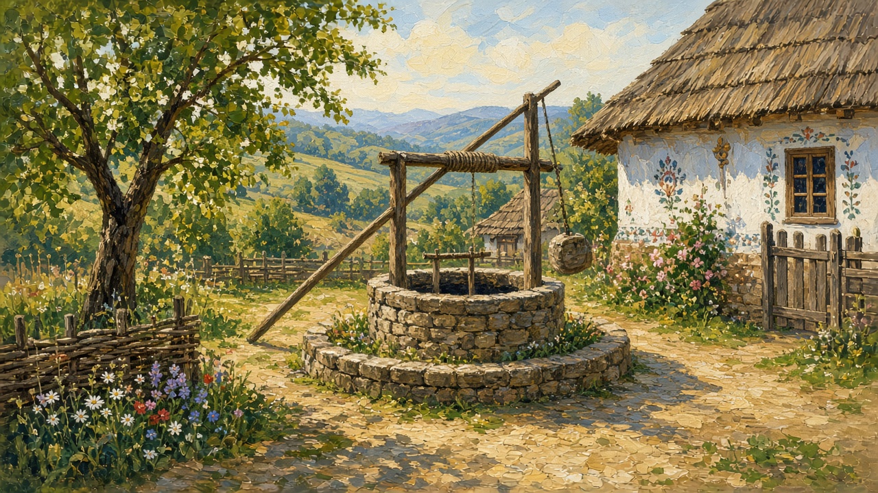 Imagined village well with a wooden sweep, stone collar, and a painted house