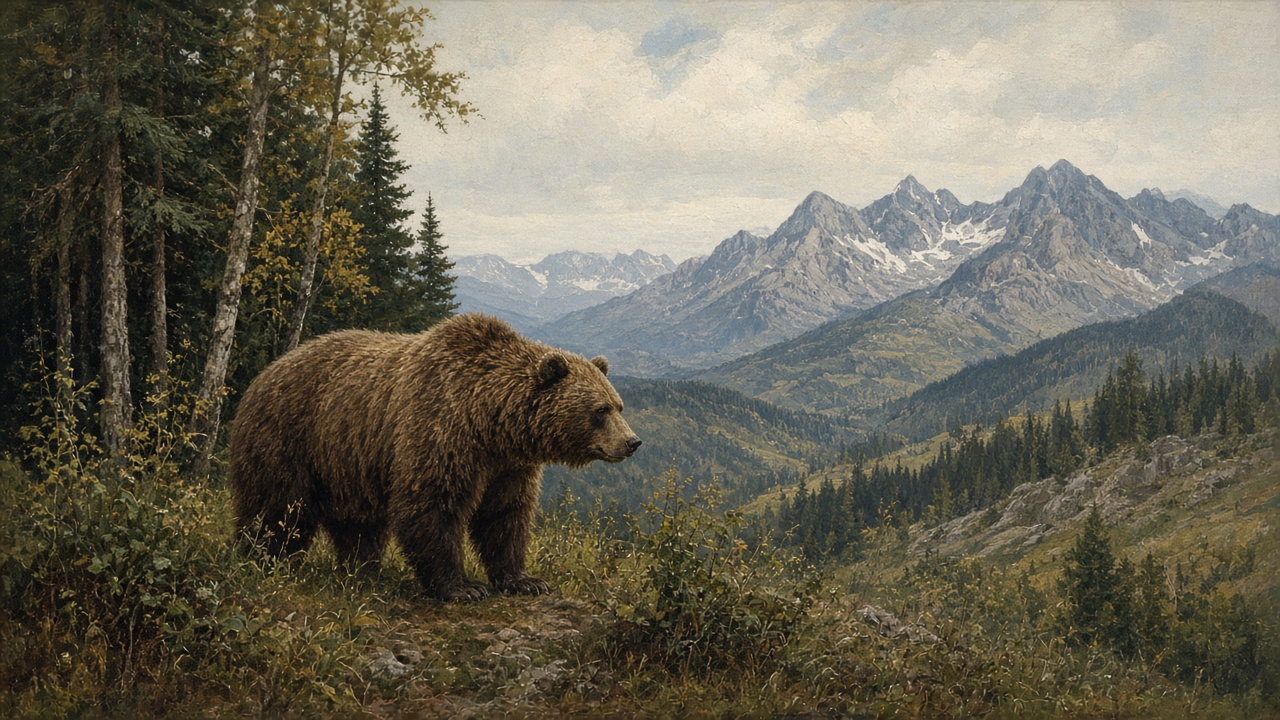 Imagined brown bear on a forested Carpathian ridge