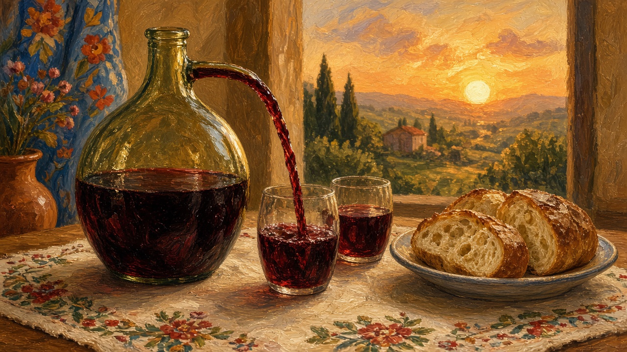 Imagined demijohn pouring red wine beside bread at a window