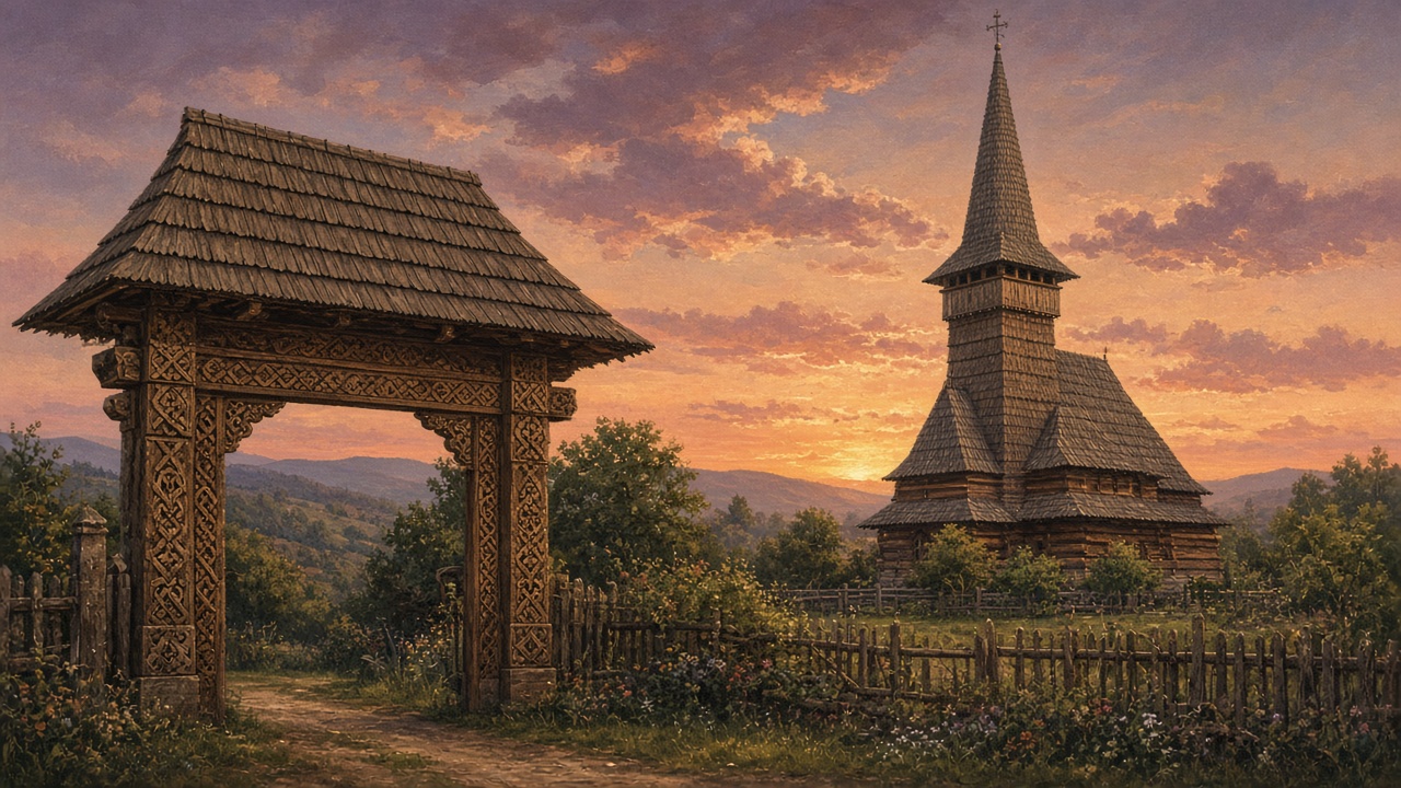 Imagined wooden church with a tall shingle roof and a carved gate at dusk