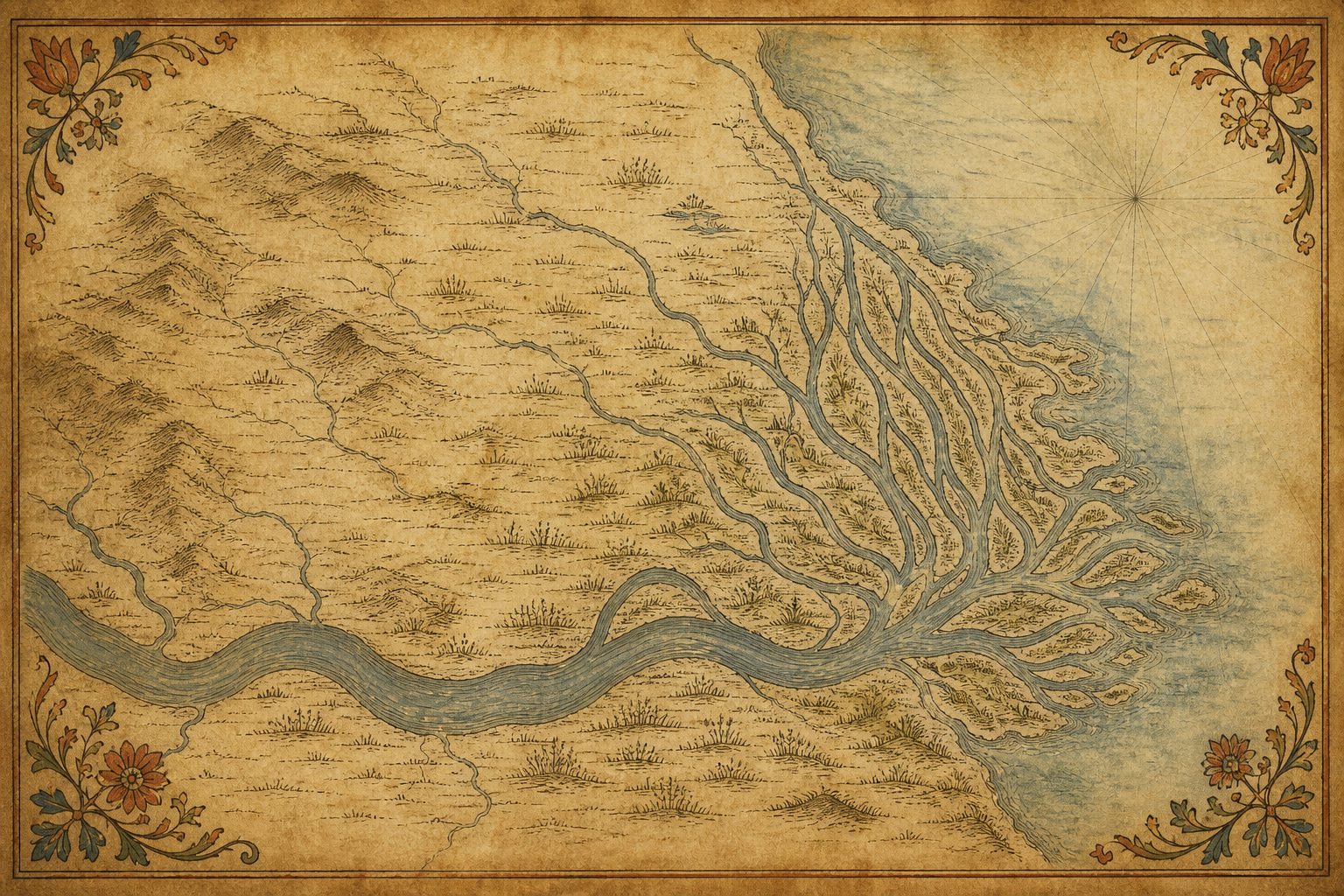 Imagined atlas plate of a wide river fanning into a delta