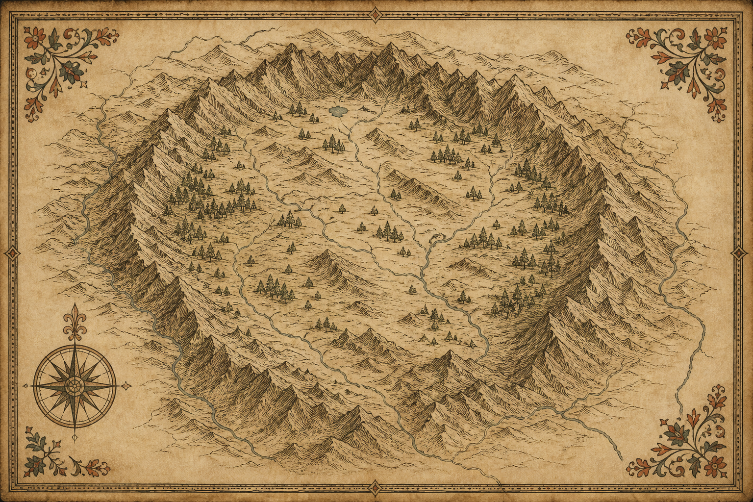 Imagined atlas plate of a highland bowl with hatched ridges