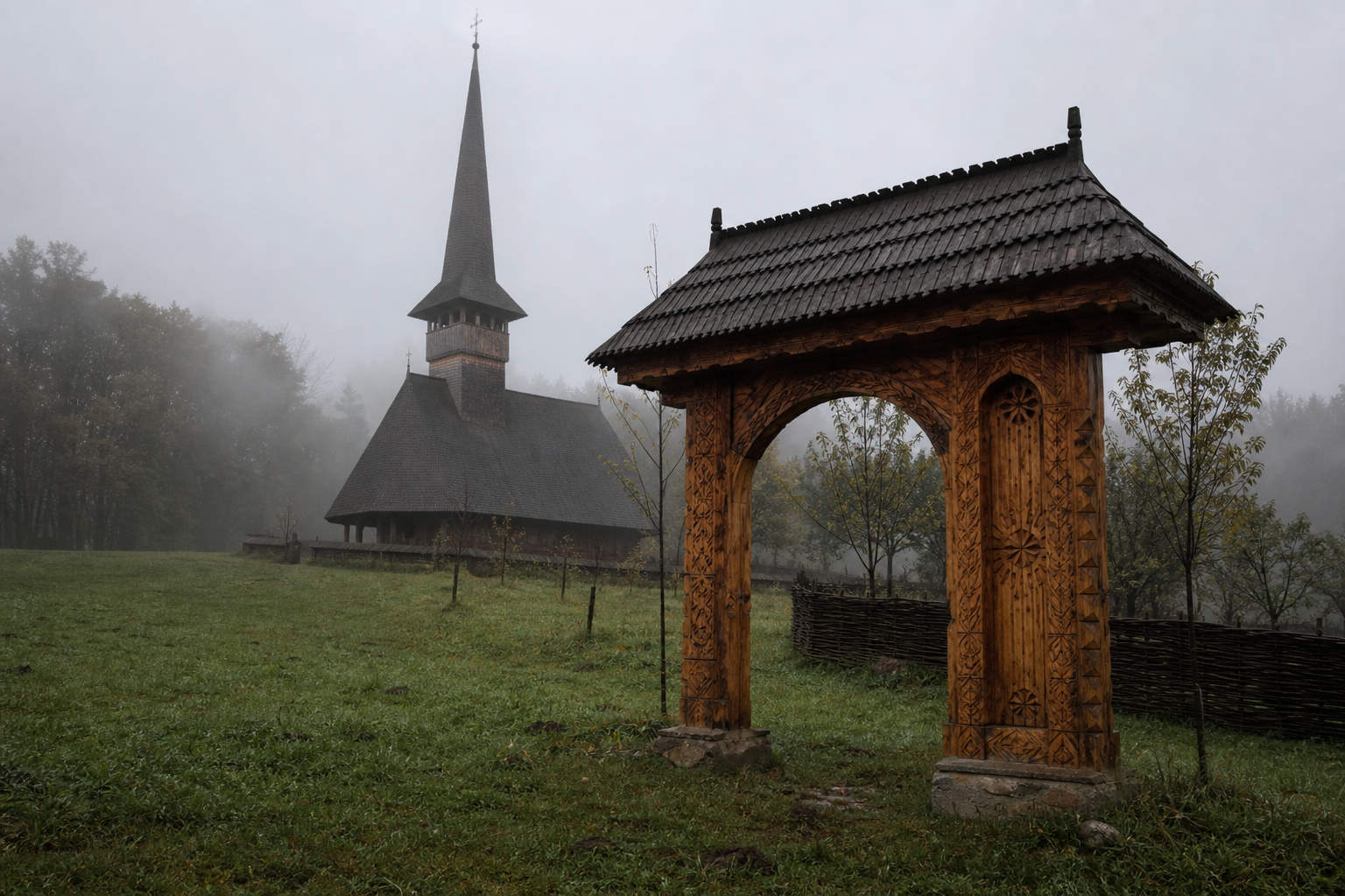 Wooden church and carved gate in morning mist