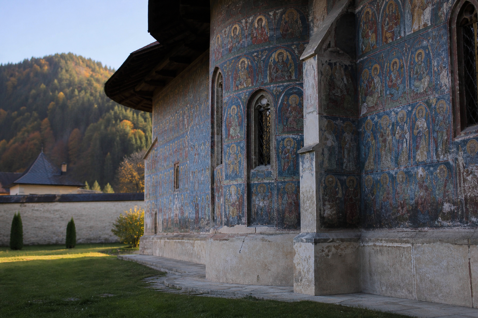 Painted monastery wall in late light