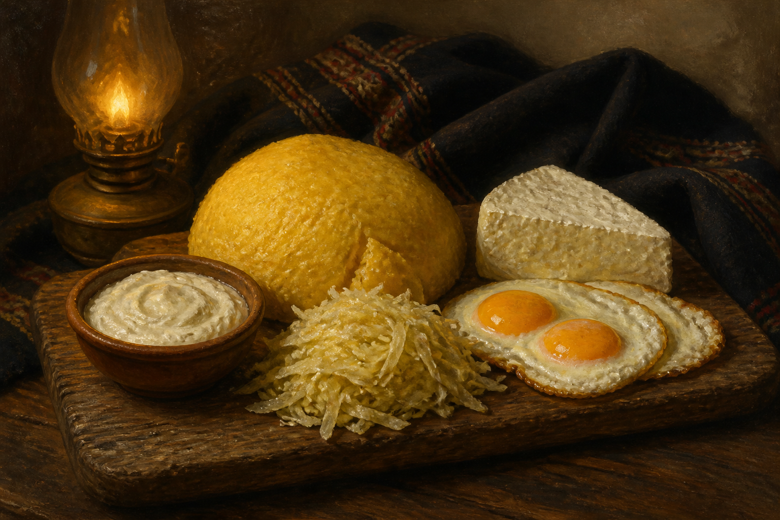Imagined table with mămăligă, garlic sauce, cabbage, eggs, and cheese