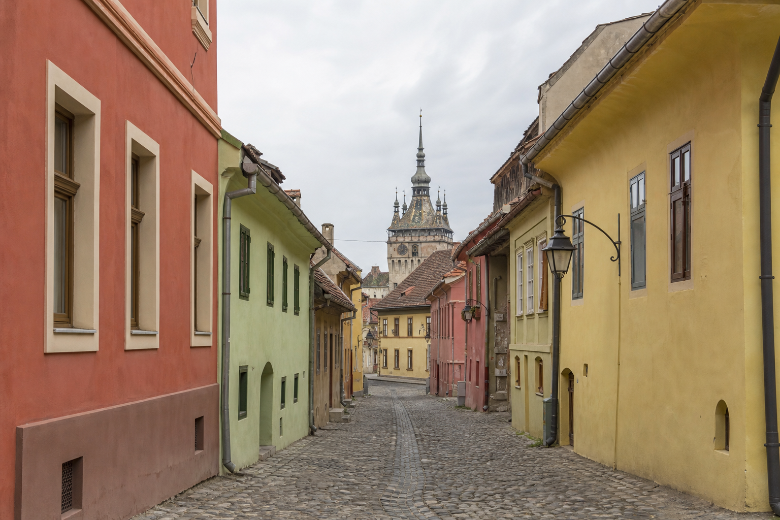Quiet cobbled street toward a clock tower