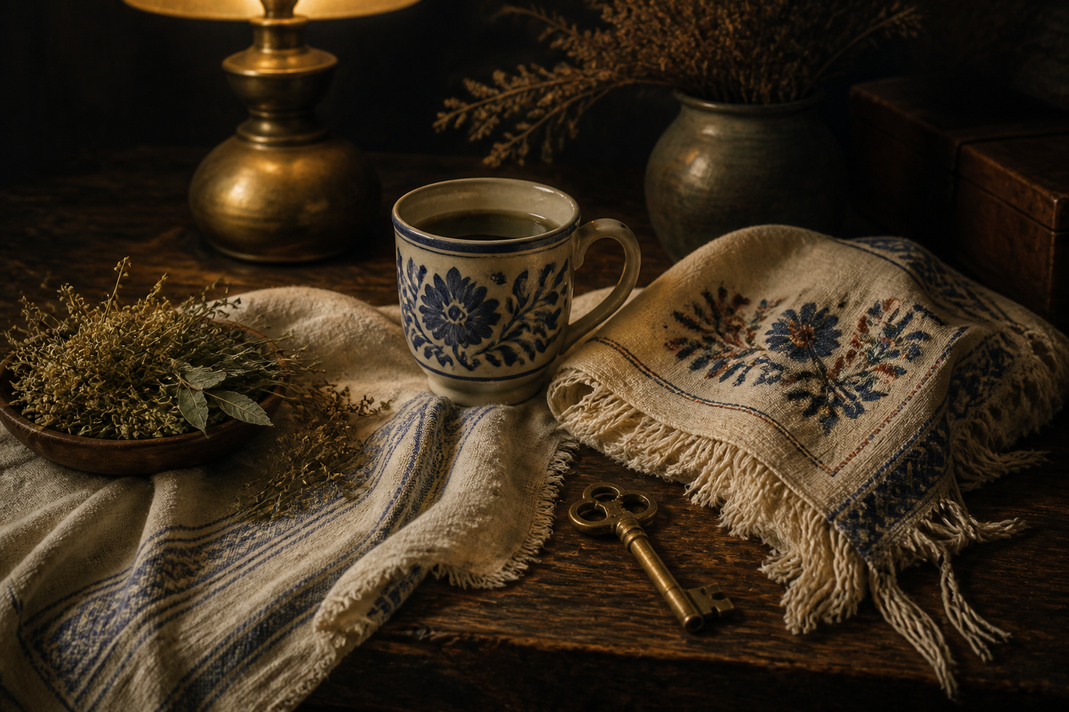 Imagined still life of a painted cup, embroidered cloth, herbs, and a brass key