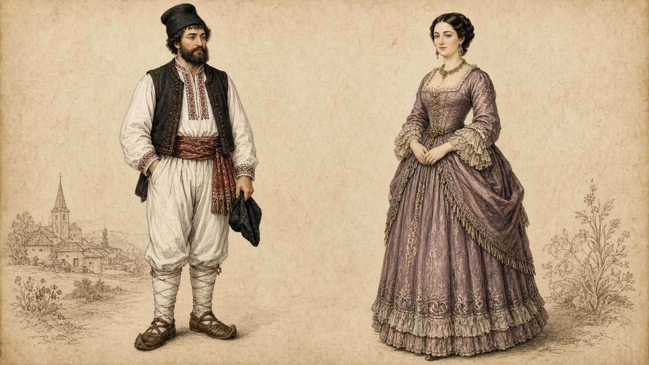 Imagined pair: a village man in an embroidered shirt, black vest, and wrapped calves beside a woman in a fitted mauve nineteenth-century gown