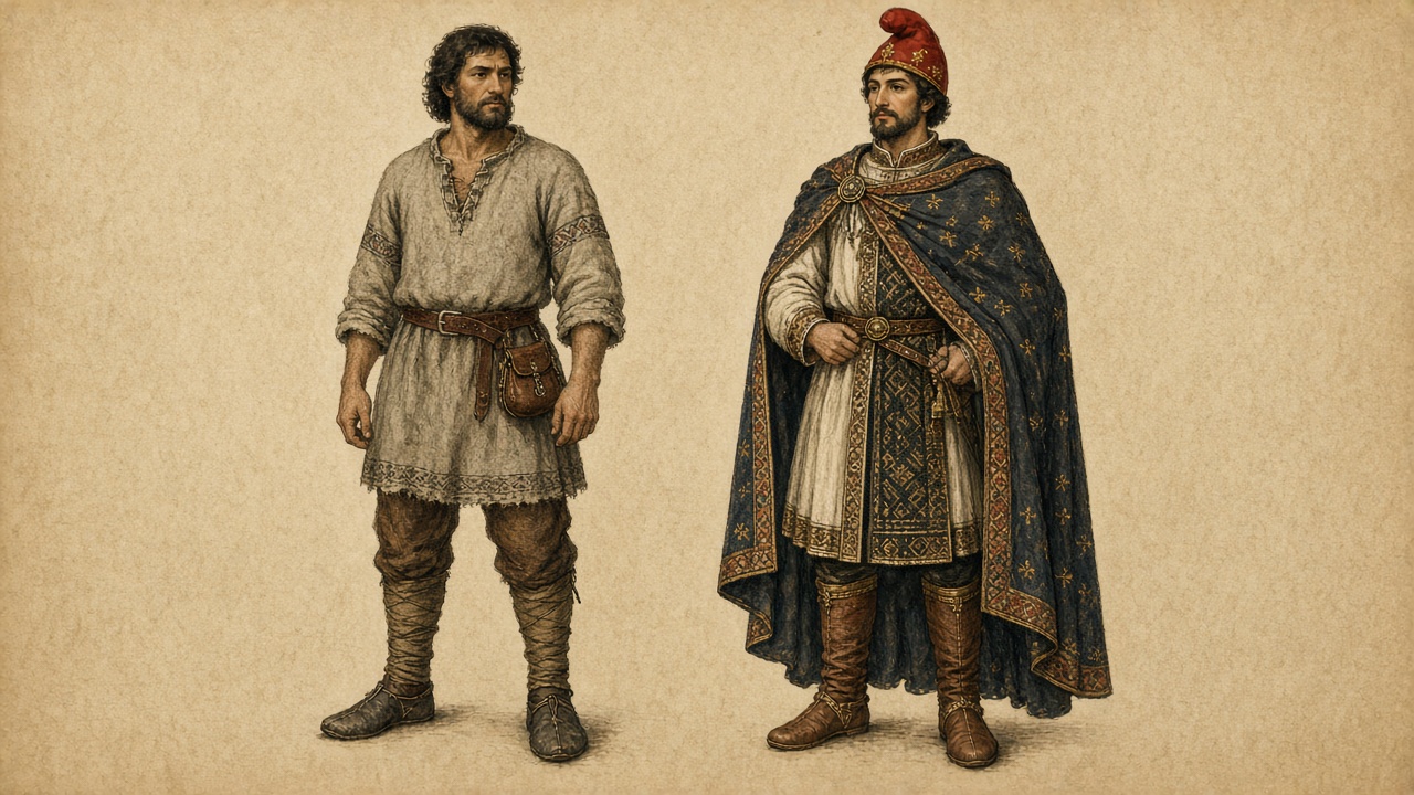 Imagined pair: a man in a short undyed tunic, belt pouch, and wrapped legs beside a man in an embroidered coat, dark cloak, and red cap